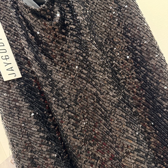 JAYGODFREY Black Sequin Cowlneck Mini Dress with Crisscross Back - Picture 6 of 6